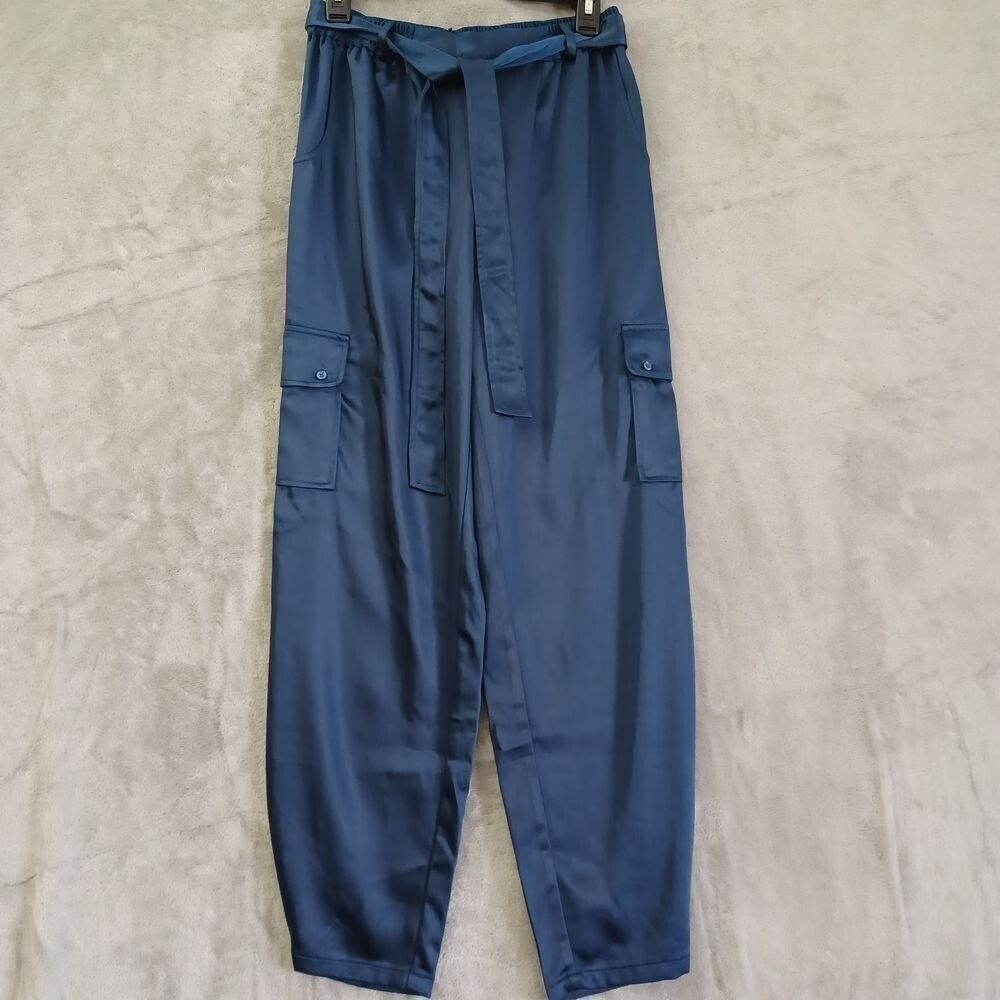 S'edge Sm Satin Cargo Pants Taper‎ High Waist Drop Crotch Belted Blue New